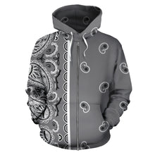 Load image into Gallery viewer, Asymmetrical Gray Bandana Zip Hoodie