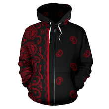 Load image into Gallery viewer, Asymmetrical Black and Red Bandana Zip Hoodie