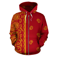 Load image into Gallery viewer, Red and Gold Bandana Asymmetrical Zip Hoodie