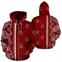 Load image into Gallery viewer, Maroon Red Bandana Asymmetrical Zip Hoodie