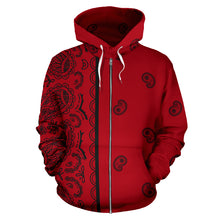 Load image into Gallery viewer, Asymmetrical Red and Black Bandana Zip Hoodie
