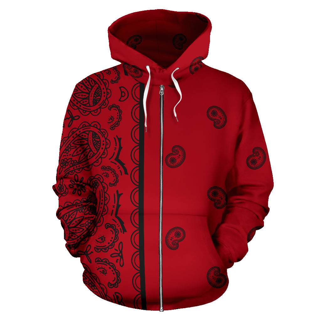 Asymmetrical Red and Black Bandana Zip Hoodie