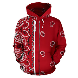 Asymmetrical Classic Red Bandana  Zip Hoodie