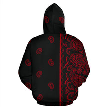 Load image into Gallery viewer, Asymmetrical Black and Red Bandana Zip Hoodie
