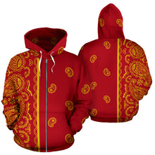 Load image into Gallery viewer, Red and Gold Bandana Asymmetrical Zip Hoodie
