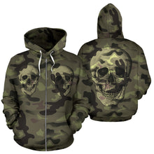 Load image into Gallery viewer, Camo Skull All Over Print Zip Up Hoodie for Lovers of Skulls and Camouflage
