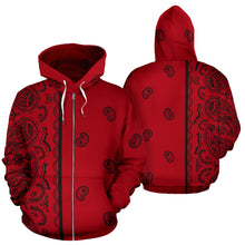 Load image into Gallery viewer, Asymmetrical Red and Black Bandana Zip Hoodie
